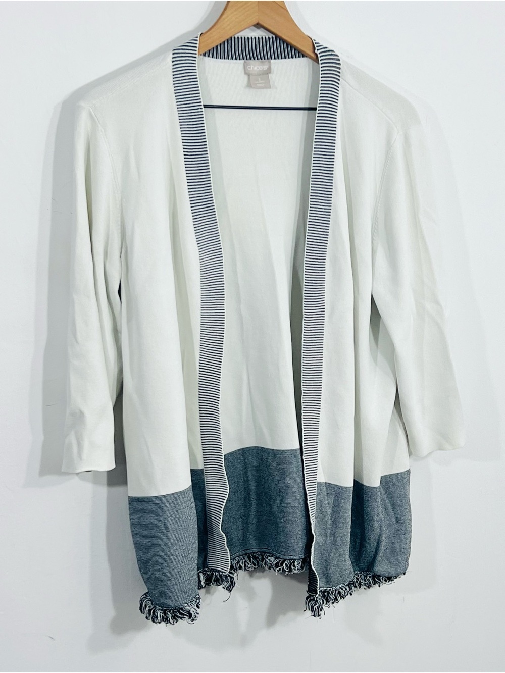 Chico's Open Knit White Cardigan Beautiful Striped Detail Fringe Hem Size Large